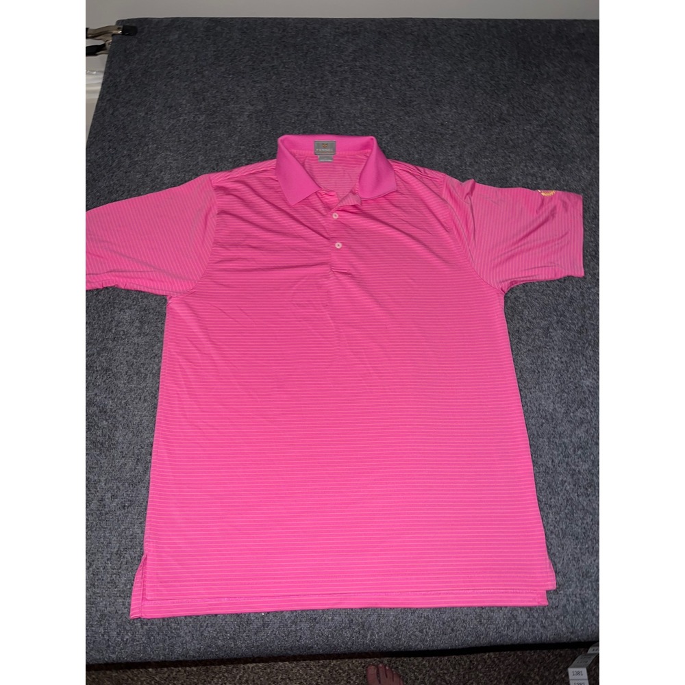 Fennec Mens Large Pink Striped Short Sleeve Golf Polo Shirt Polyester Spandex